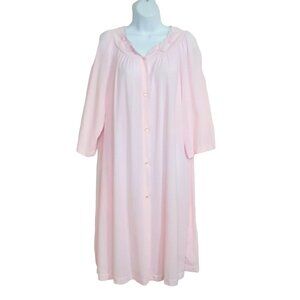 Shadowline Robe Vintage Womens L Pink Button Front Nylon 3/4 Sleeve Below Knee E
